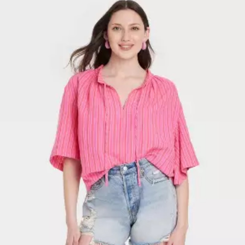 Universal Thread Pink & White Striped V Neck Tie Half Sleeve‎ Top Sz XS NEW